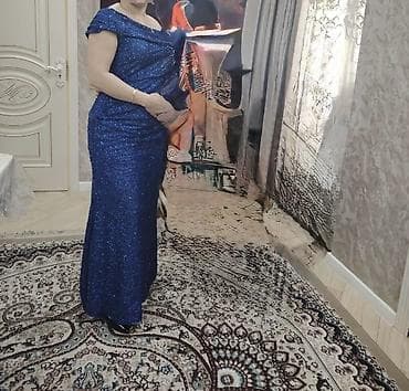 Donlar: Parlaq mavi rəngdə ziyafət/libas - Model: Asimmetrik birçiyin kəsimi — 3