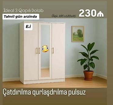 İdeal 3 qapılı dolab - Ölçü: 195 x 120 x 45 sm - Ön hissədə güzgülü