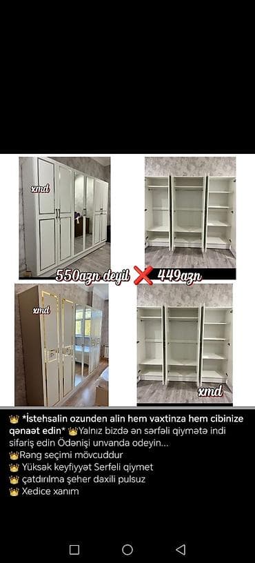 Yeni, 5 qapı, Güzgülü, Ağ, Açılan, Düz dolab