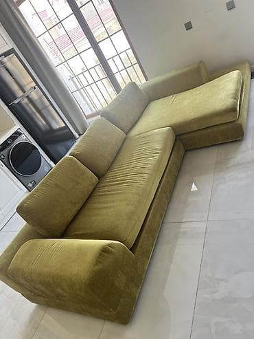acilan divan: Xaki-yaşıl rəngdə künc divan (şezlonqlı) - Forma: L-şəkilli, sağ — 1