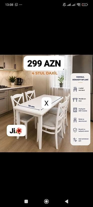 stol stul: Ağ rəngli yemək masası dəsti – 4 ədəd stul daxil. Xüsusiyyətlər: - — 1