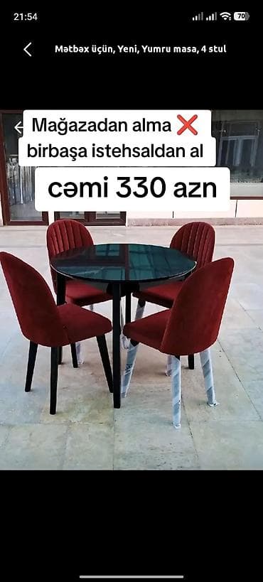 Mətbəx üçün, Yeni, Açılmayan, Yumru masa, 4 stul