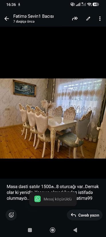 stul: Masa dəsti satılır 1500₼. 8 oturcağı var. Demək olar ki — 1