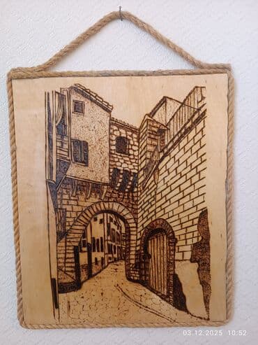 dovşan şəkilləri cəkmək: El işi.Yandirma ile.Taxta piroqrafiya tablo – meşə mənzərəsi.30×50 sm — 3