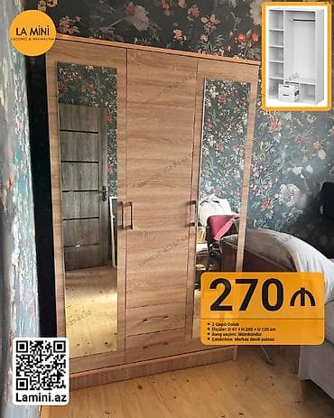 3 qapılı, Güzgülü, Digər rəng, Taxta, Açılan, Düz dolab