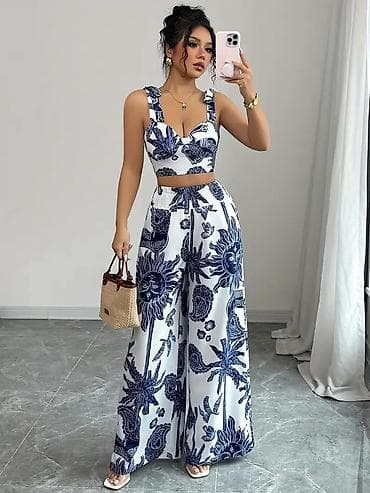 Iki hissəli qadın dəsti – crop top + şalvar - Rəng: ağ üzərində tünd — 1