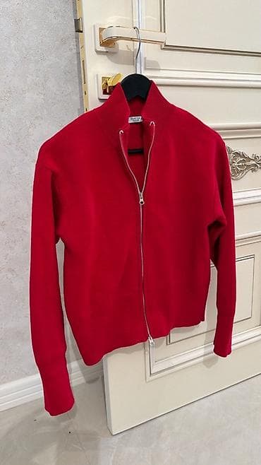 deri jaket: Qırmızı rəngli fermuarlı sviter-kardiqan - Rəng: Parlaq qırmızı - — 1