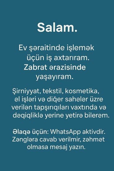 anbardar işi: Salam.Evdə işləmək şərti ilə paketleyici işi axtarıram iş zabrat — 1