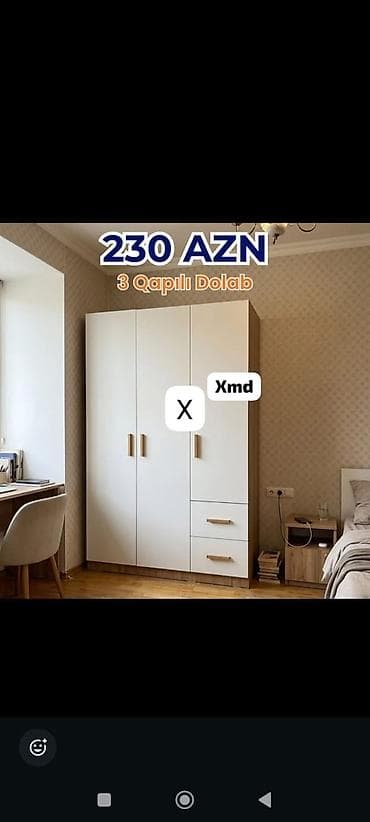 Ev üçün mebel: 3 qapılı paltar dolabı – 230 AZN - Dizayn: ağ ön fasad, ağac — 1