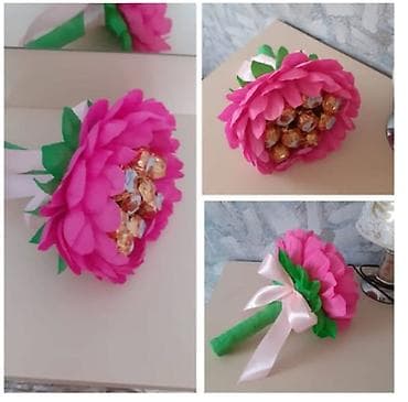 Şokoladlı gül buketi – əl işi hədiyyə kompozisiyası - Parlaq çəhrayı