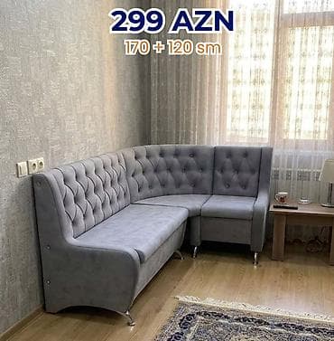 krep parca: Künc divanı – tüftinq detallı, boz rəngli, yumşaq üzlüklü model — 1