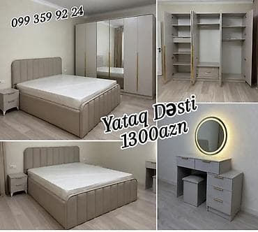 ucuz dolablar: Yataq dəsti – 1300 AZN Məzmun: - Çarpayı: yumşaq parça ilə üzlənmiş — 1