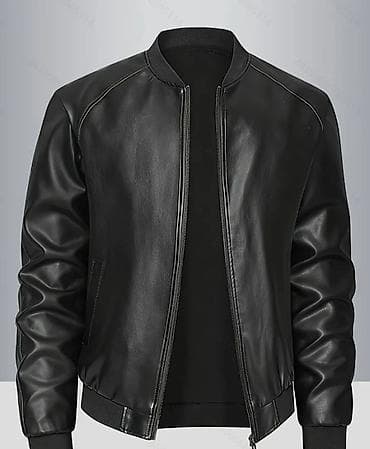 ev paltarları: Qara kişi dəri bomber gödəkçə - Model: minimal dizaynlı, fermuarlı — 1