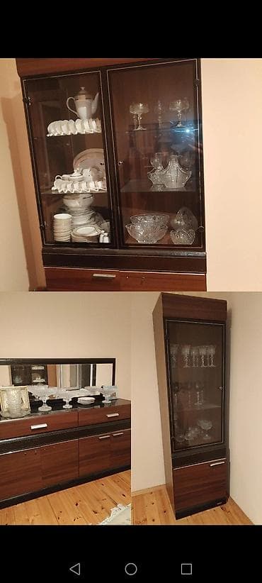 Qonaq otağı üçün vitrin və bufet dəsti - Material: tünd qəhvəyi ağac