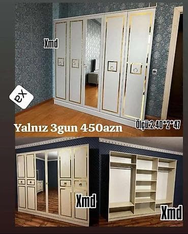 Ağ rəngdə, qızılı dekor xətləri ilə işlənmiş zövqlü və geniş qarderob