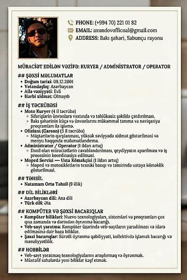 is axtar: MÜRACİƏT EDİLƏN VƏZİFƏ: KURYER / ADMİNİSTRATOR / OPERATOR Telefon — 1