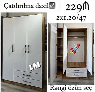 3 qapılı, Siyirməli, Ağ, Taxta, Açılan, Düz dolab