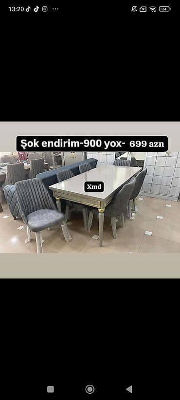 utu stolları: Yemək masası və 6 ədəd stul dəsti - Rəng: boz tonlarında, qızılı — 1