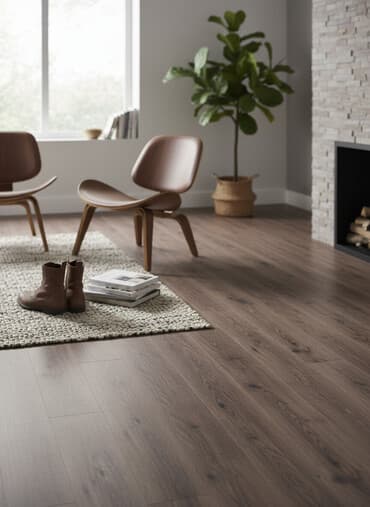 Qəhvəyi tonlarda, taxta görünüşlü laminat döşəmə nümunəsi. Bu laminat