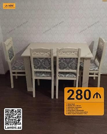 kohnə stul: Masa dəsti – krem rəngli, naxışlı oturacaqlı 6 ədəd stul və düzbucaqlı — 1