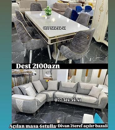Mebel Dəsti – 2100 AZN Tərkibi: - Açılan masa - 6 ədəd yumşaq, quilt