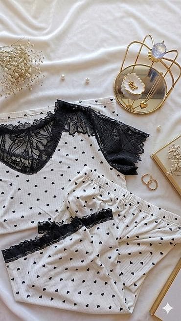 Нижнее белье: Qadın pijama dəsti – ürək naxışlı, krujeva detallı - Model: qısaqol — 1