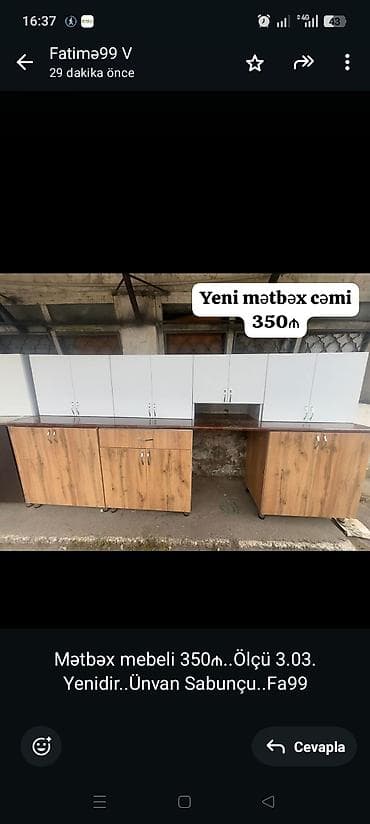 Мебель для дома: Mətbəx mebeli 350₼. Ölçü 3.03. Yenidir. Ünvan Sabunçu. Fa99 — 1
