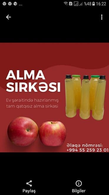 Evdə hazırlanan tam tebii alma sirkəsi.1lt 10 azn