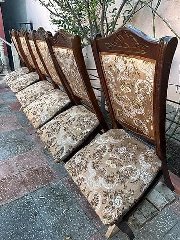 stul bar: Taxta çərçivəli, yumşaq oturacaqlı klassik yemək otağı stulları dəsti — 3