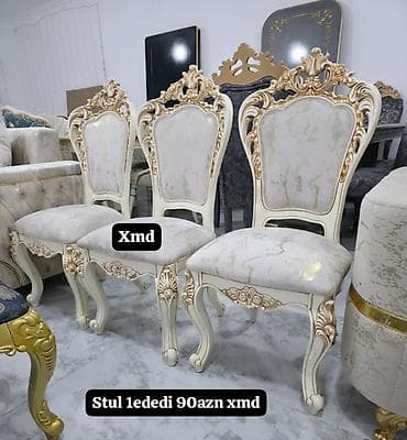 bar stullari: Klassik üslubda taxtalı stullar - Rəng: krem + qızılı dekor - — 1