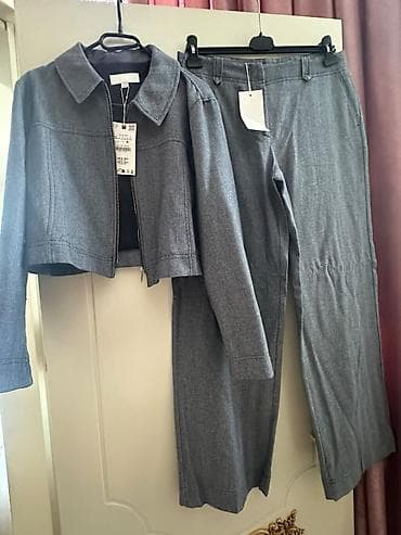 qara cins şalvar: Boz rəngli qadın kostyum dəsti - 2 hissə: qısa kəsimli jaket + — 1