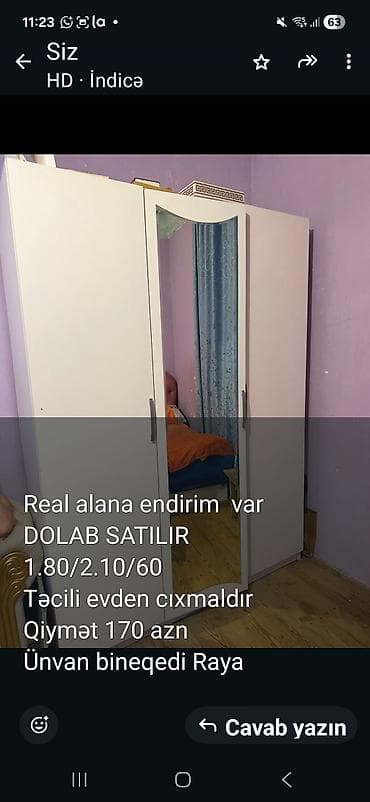 qarderob balkona: Ağ rəngli geyim dolabı satılır. Üç qapılı modeldir, orta qapıda tam — 1