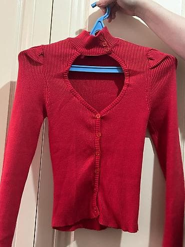 Толстовки, худи: Qırmızı qadın koftası – rib fakturalı, uzun qollu, ön hissə — 2