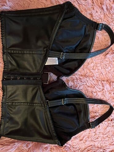 qadın kostyum: Qara dəri effektli lingerie dəsti - 2 hissədən ibarət: uzun korset — 2