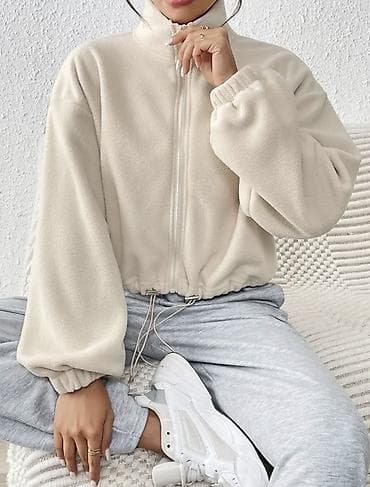 Bej rəngli flis jaket - Yumşaq, isti flis parça - Tam ön fermuar -