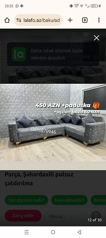 Künc divan, Yeni, Açılan, Bazalı, Parça, Şəhərdaxili pulsuz çatdırılma