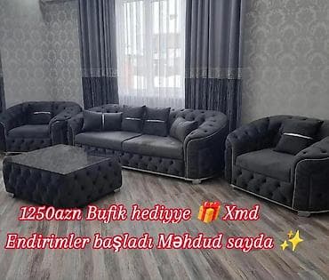 Qonaq otağı dəsti – 3+1+1 və bufik hədiyyə - Rəng: tünd boz/qartal