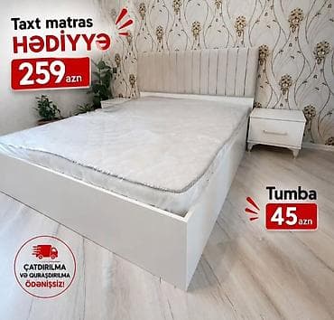 tunba: Ağ rəngdə müasir yataq dəsti. Yumşaq, hündür başlıqla dizayn edilmiş — 1