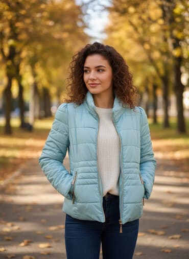 qadin ucun jaketler: Açıq yaşıl rəngli qadın puf jaketi. - Yüngül, qatlambaşlı (puf) — 1