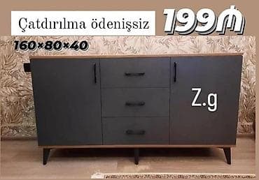 Digər dolablar: Qara rəngli, müasir dizaynlı komod. Üç çekmecesi və iki qapısı var — 1