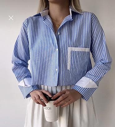 ucuz geyimlər: Mavi-ağ zolaqlı qadın köynəyi - Dizayn: Düz şaquli zolaqlar, qısa — 2