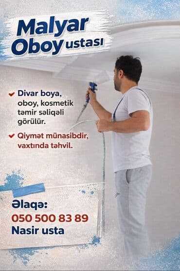 təmiri: Malyar Oboy ustası. Divar boya, oboy, kosmetik təmir səliqəli görülür — 2