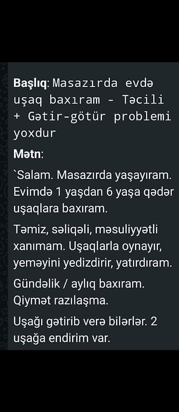 yarım gun utu işi: Masazırda evdə uşağa baxıram – təcili. Gətir-götür problemi yoxdur — 1