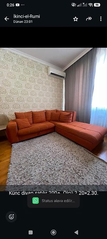 divan satisi: Künc divan satılır 200₼. Ölçü 2.20×2.30. Ünvan Biləcəri &Rumi — 1