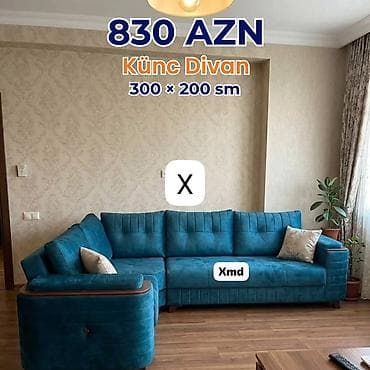 taxta stullar: Künc divan – 300 × 200 sm Qiymət: 830 AZN - Rəng: mavi/nefrit tonunda — 1