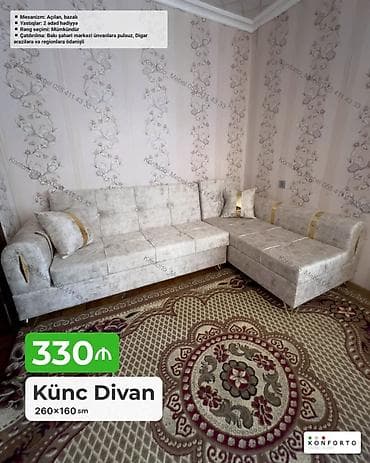 Künc divan – 260×160 sm - Mexanizm: açılan, bazalı (yataq funksiyalı