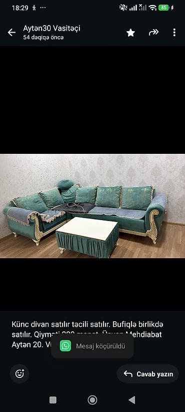 divan satisi: Künc divan satılır təcili satılır. Bufiqlə birlikdə satılır. Qiyməti — 1