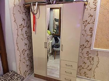 3 qapılı, Güzgülü, Bej, Taxta, Açılan, Düz dolab