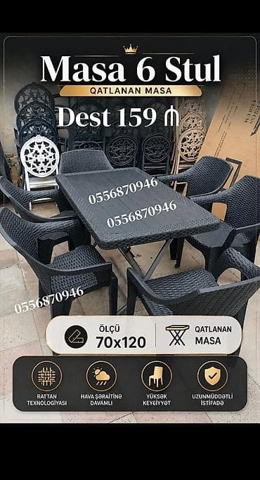 Yeni, Dördbucaq masa, 6 stul, Qatlanan, Stullar ilə, Həsir toxunuşlu, Türkiyə