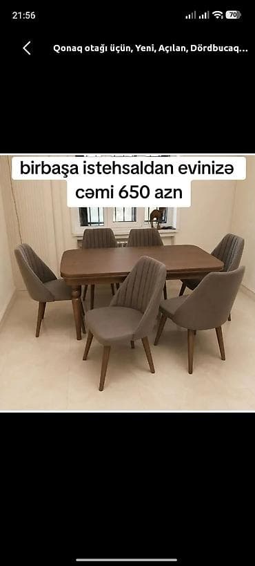stol uzu: Qonaq otağı üçün, Yeni, Açılan, Dördbucaq masa, 6 stul — 1